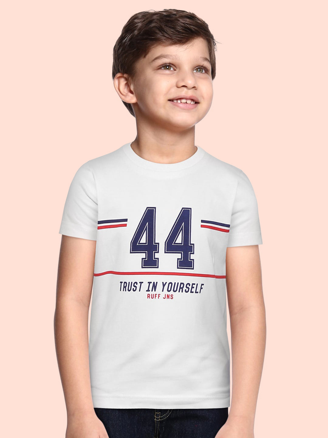 

RUFF Boys White Navy Blue Typography Printed Slim Fit Pure Cotton T-shirt
