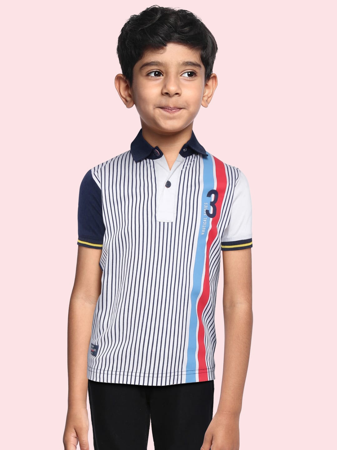 

RUFF Boys White & Navy Blue Striped Polo Collar Slim Fit T-shirt