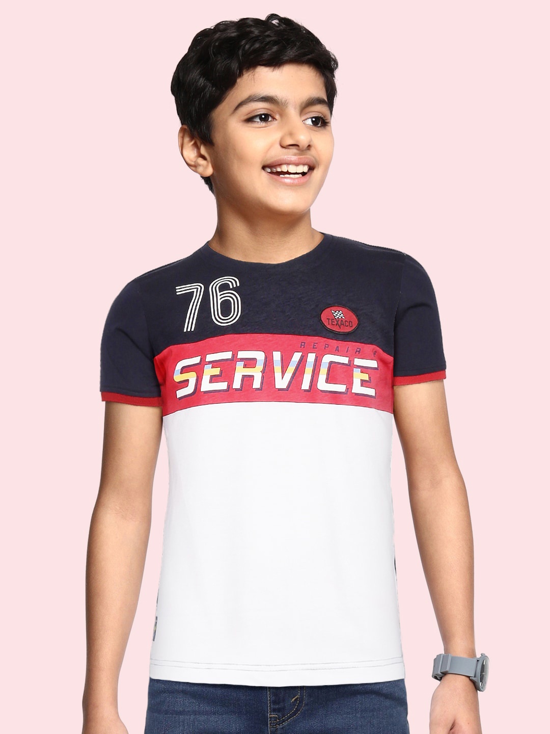 

RUFF Boys Navy Blue White Colourblocked Slim Fit Pure Cotton T-shirt