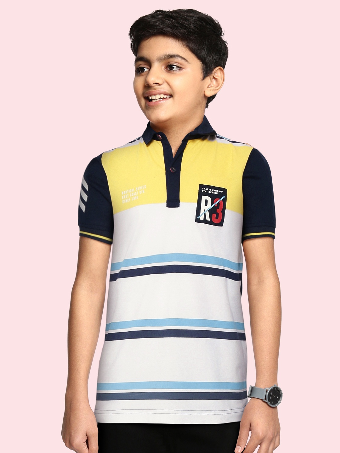 

RUFF Boys Yellow & White Colourblocked Polo Collar Slim Fit T-shirt