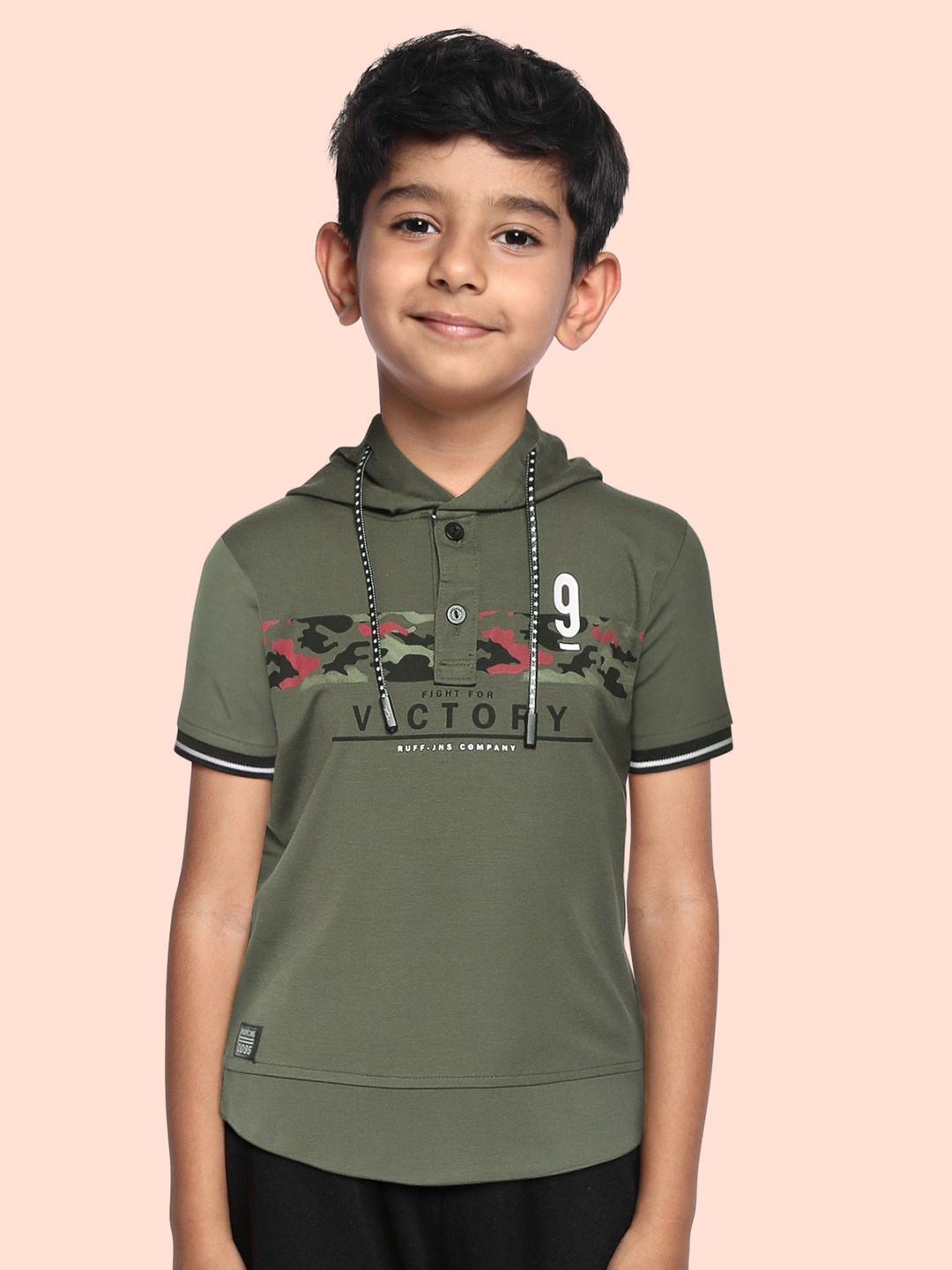 

RUFF Boys Olive Green Printed Slim Fit T-shirt