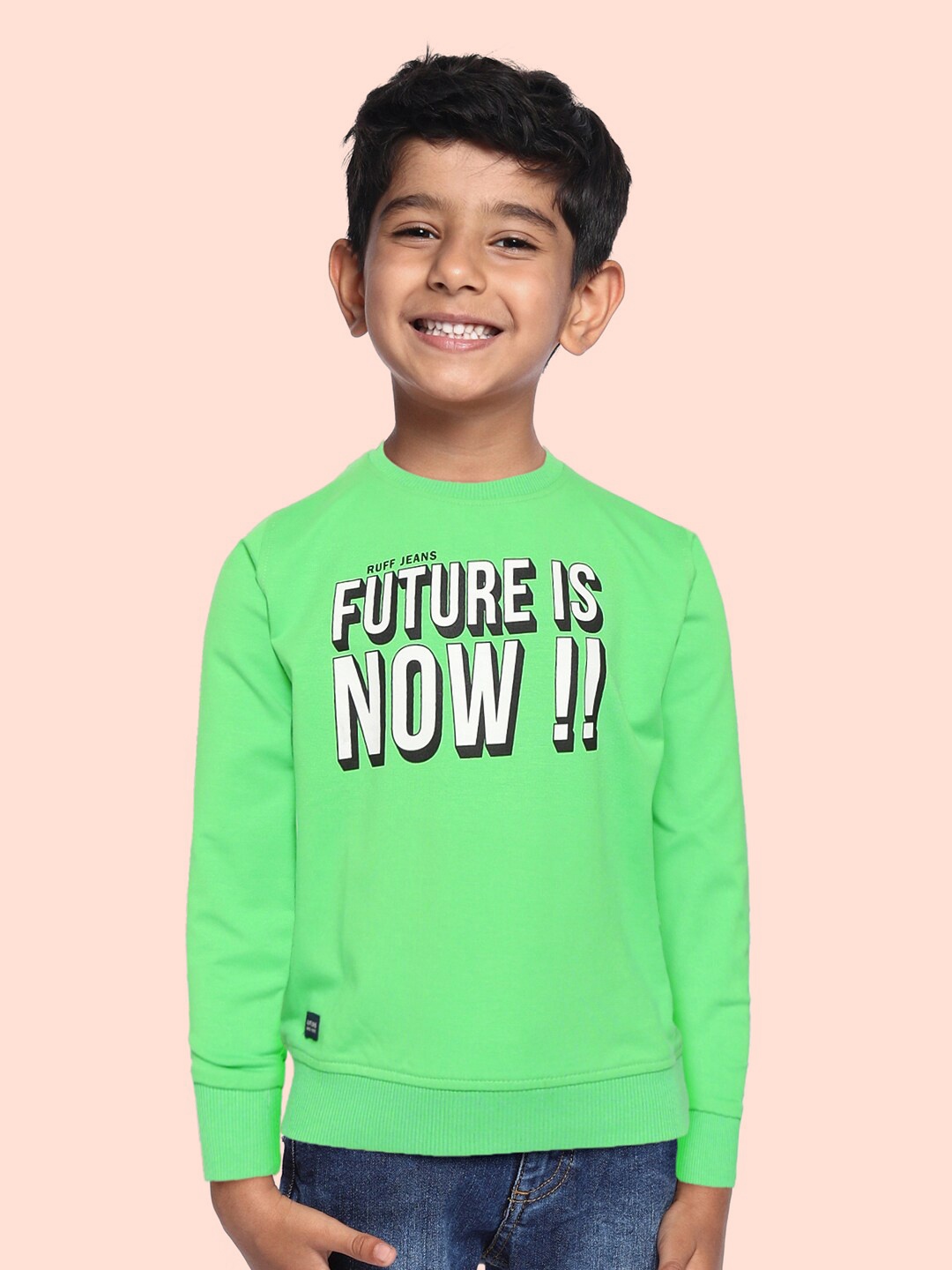 

RUFF Boys Green Typography Printed Slim Fit T-shirt