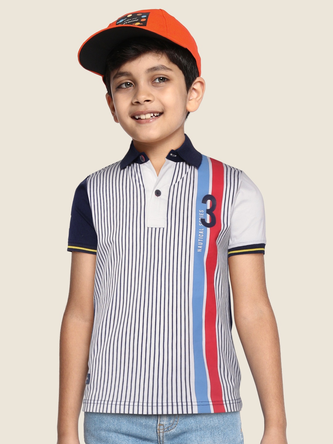 

RUFF Boys White & Black Striped Polo Collar Slim Fit T-shirt