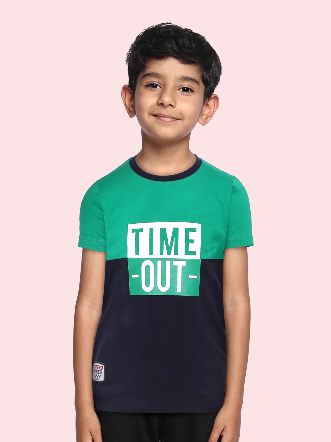 

RUFF Boys Navy Blue & Green Colourblocked Slim Fit T-shirt