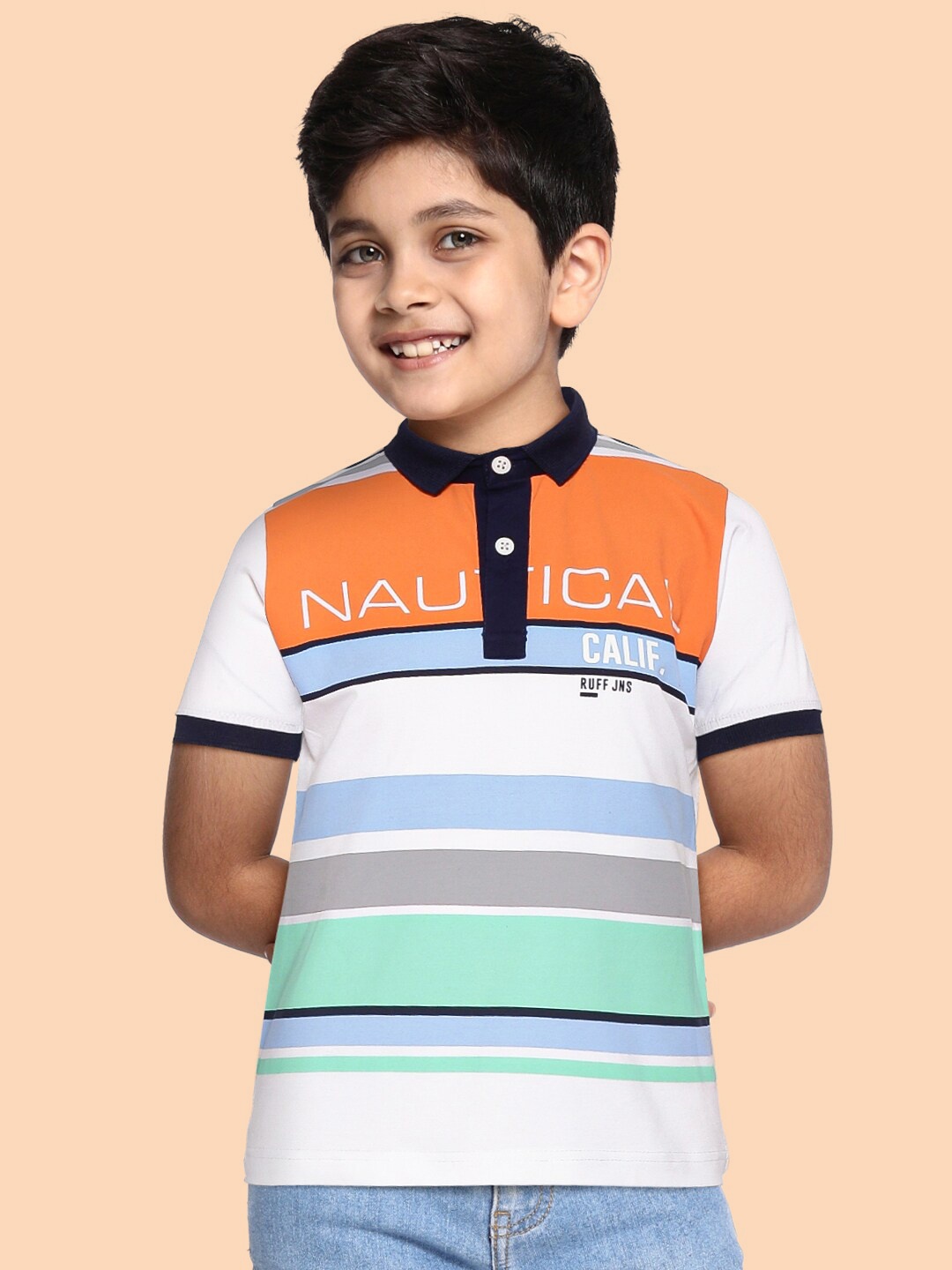 

RUFF Boys White & Multicoloured Striped Polo Collar Slim Fit T-shirt
