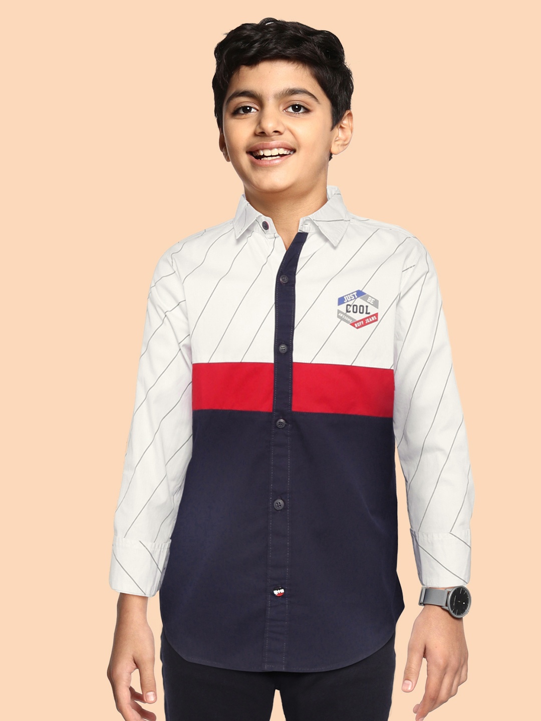 

RUFF Boys White Slim Fit Opaque Colourblocked Casual Shirt