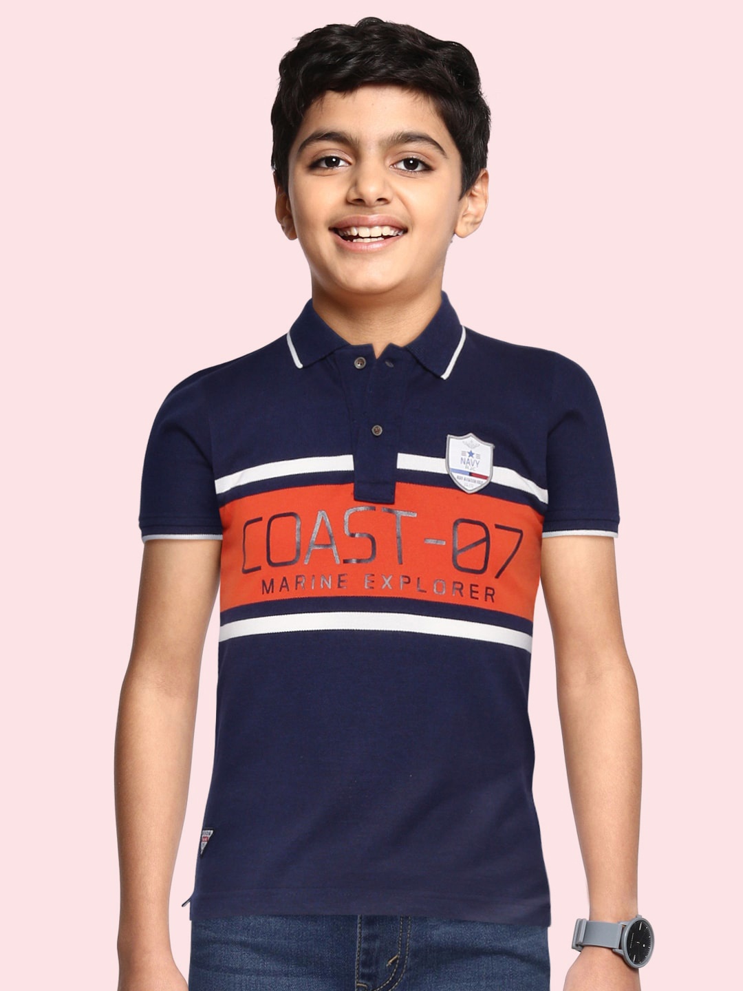 

RUFF Boys Navy Blue & Orange Printed Polo Collar Slim Fit T-shirt