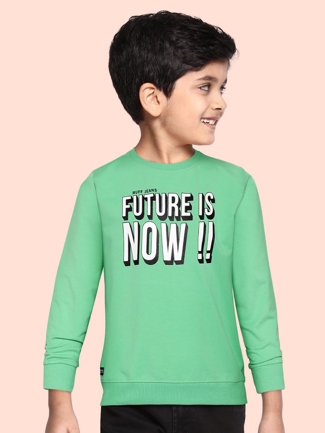 

RUFF Boys Green & White Typography Printed Slim Fit T-shirt