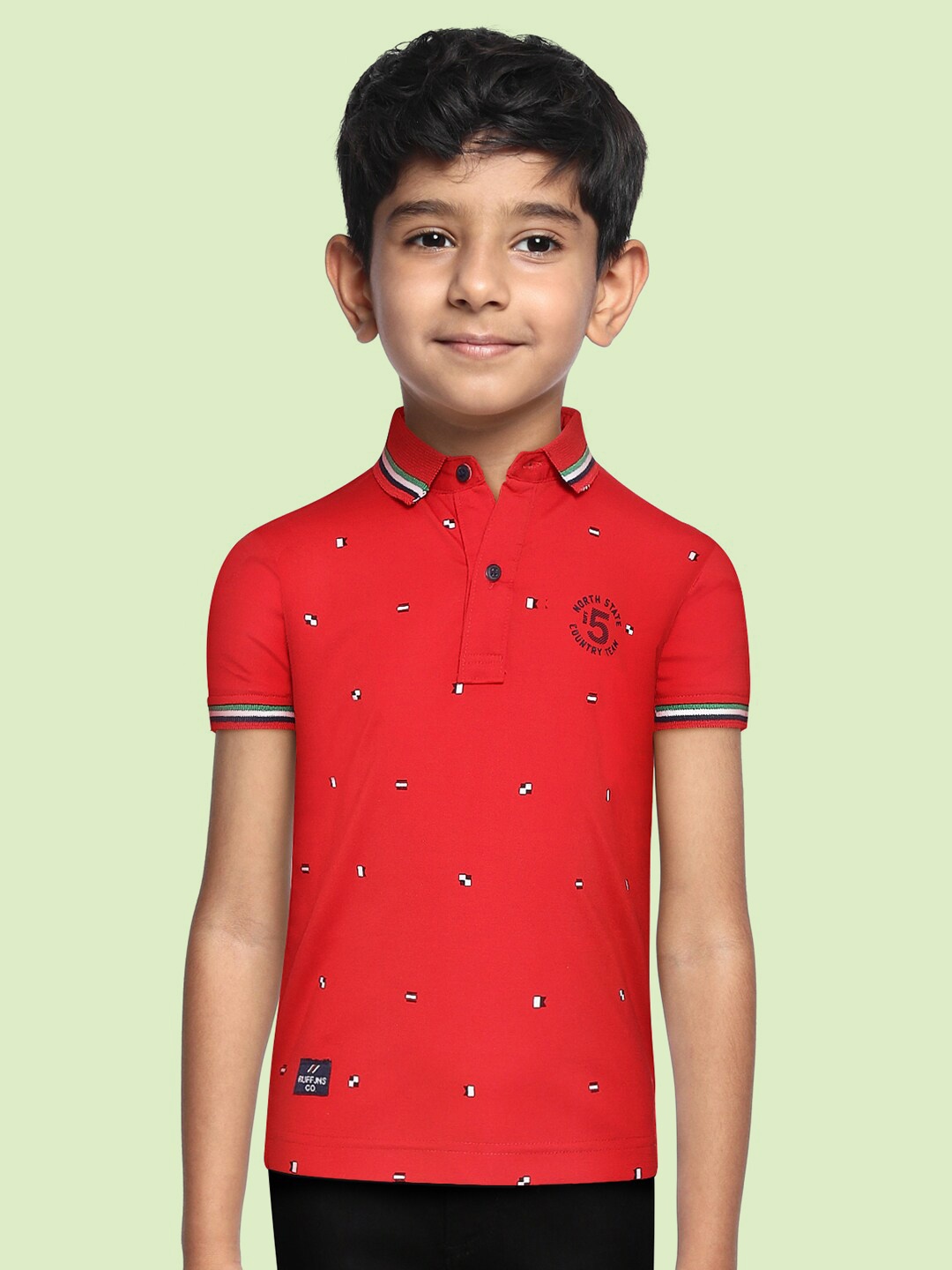 

RUFF Boys Red Printed Polo Collar Slim Fit T-shirt