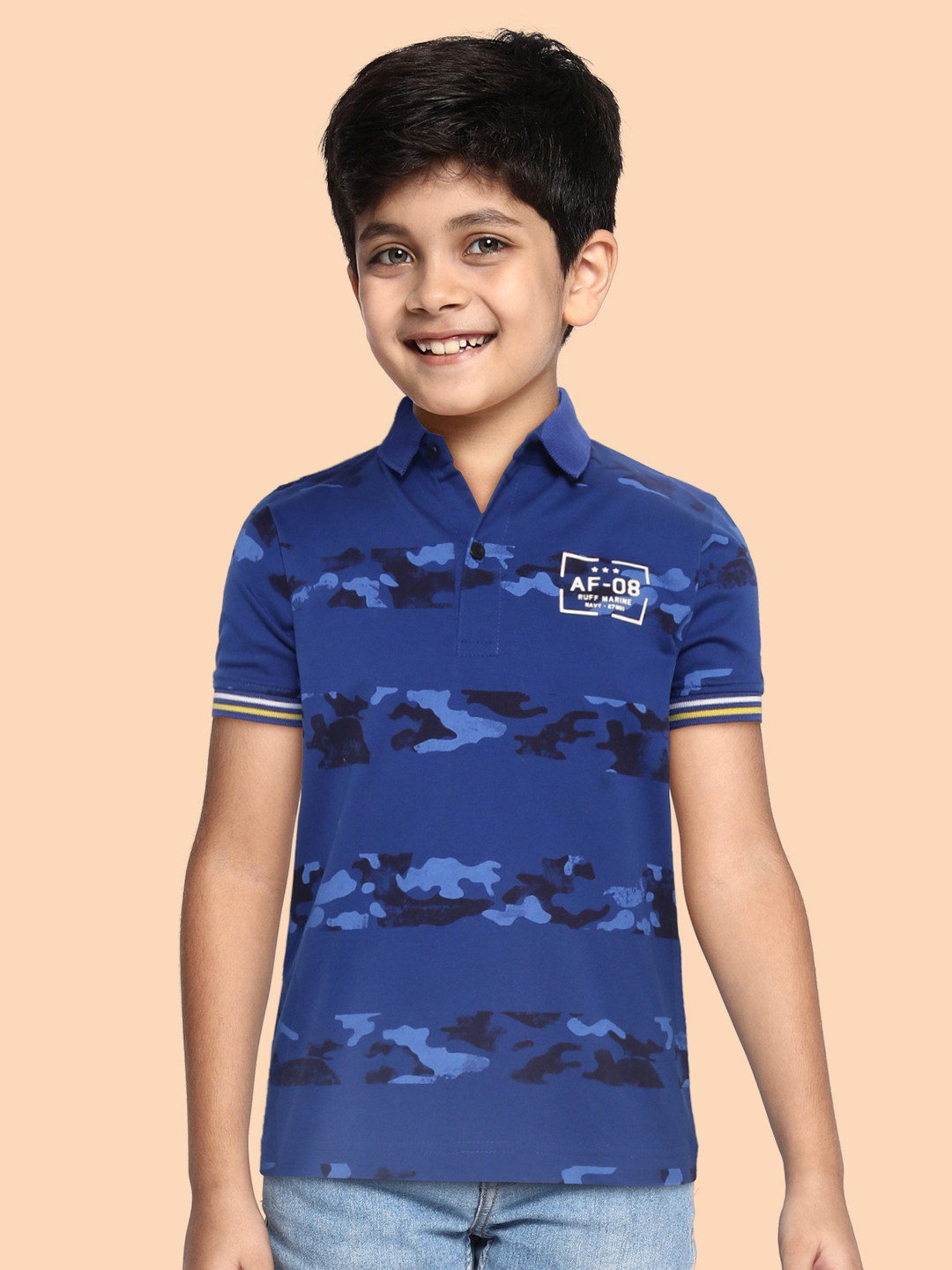 

RUFF Boys Blue & Navy Blue Camouflage Printed Polo Collar Slim Fit T-shirt