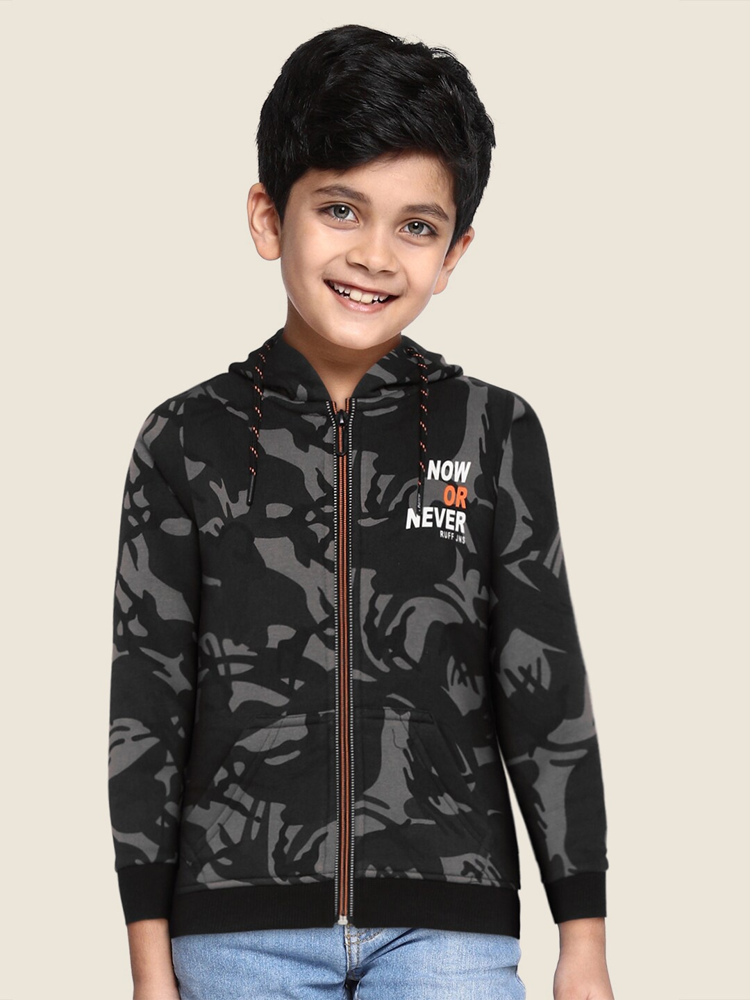 

RUFF Boys Brown Printed Hooded Sweatshirt