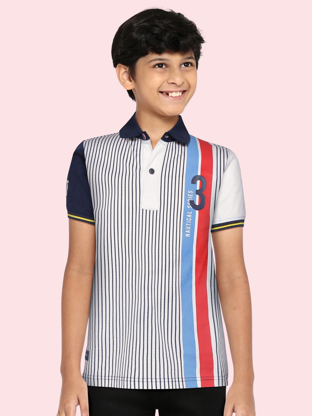 

RUFF Boys White & Navy Blue Striped Polo Collar Slim Fit T-shirt