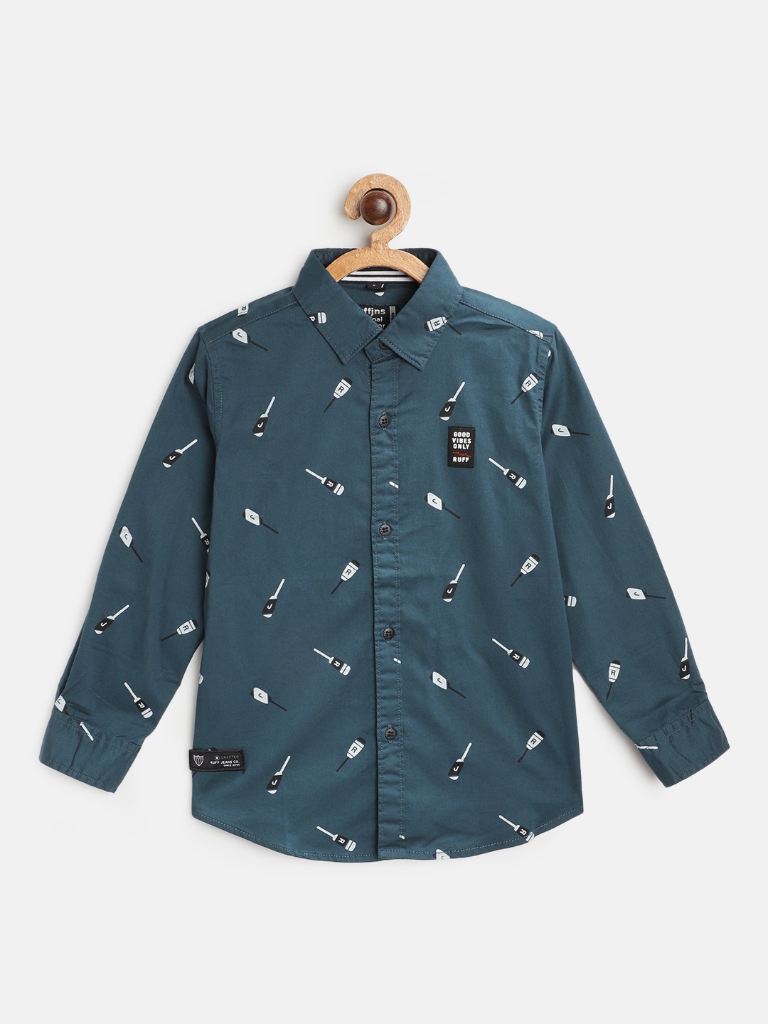 

RUFF Boys Teal Slim Fit Opaque Printed 100% Cotton Casual Shirt