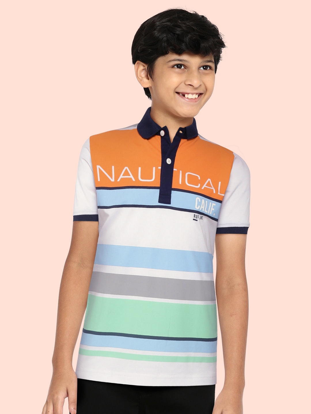 

RUFF Boys White & Orange Striped Polo Collar Slim Fit T-shirt