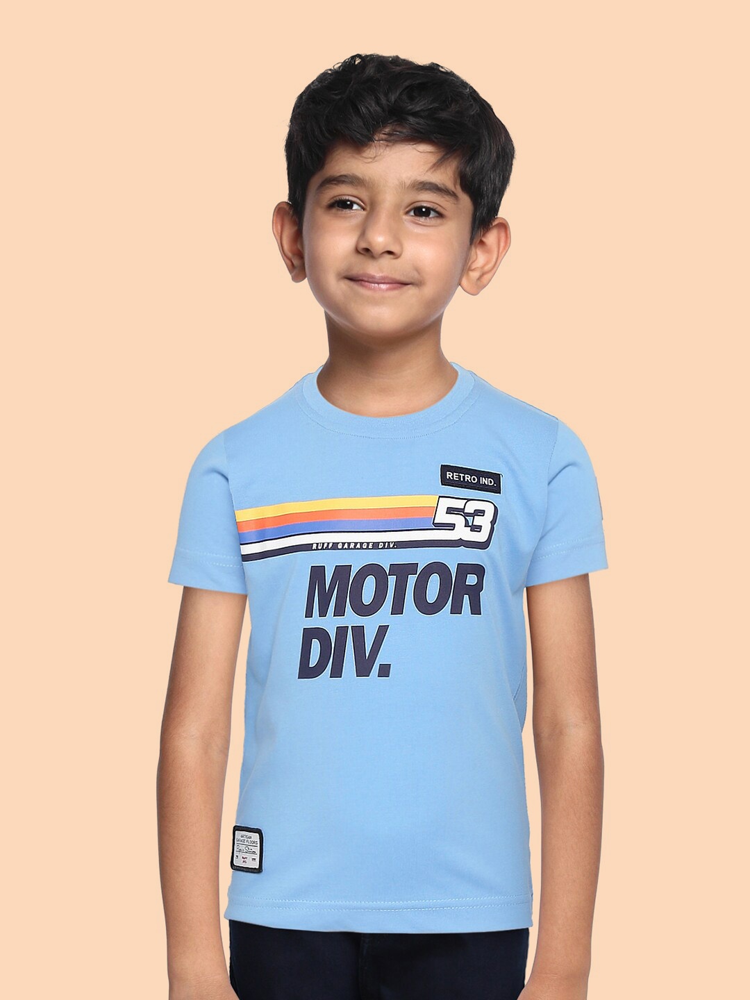 

RUFF Boys Blue Multicoloured Typography Printed Pure Cotton Slim Fit Pure Cotton T-shirt