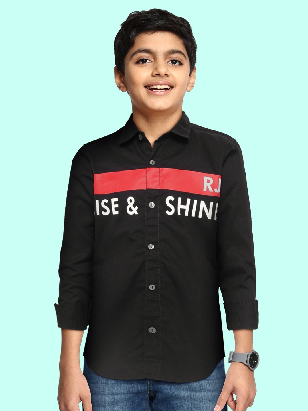 

RUFF Boys Black Slim Fit Opaque Cotton Printed Casual Shirt