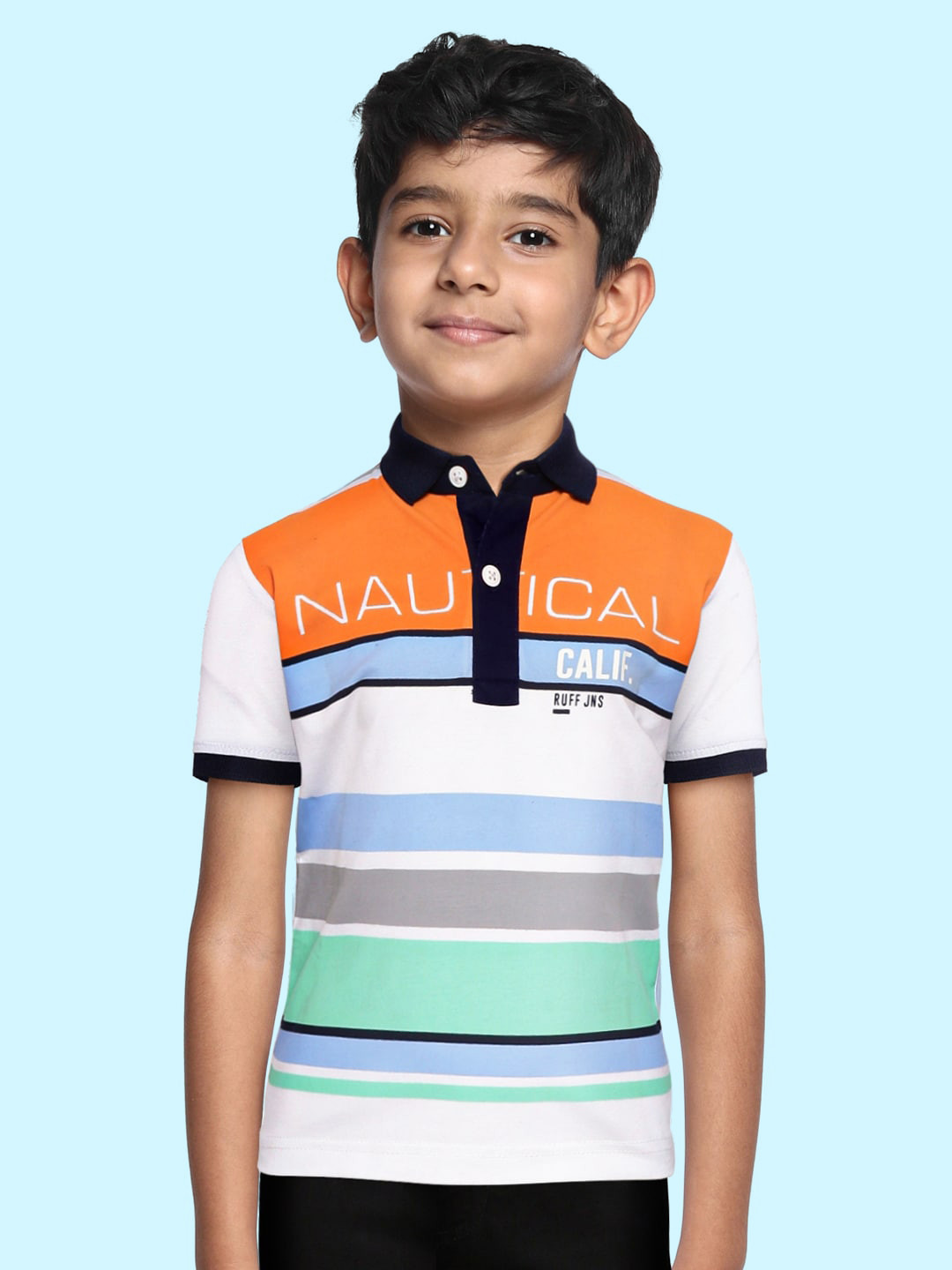 

RUFF Boys White & Orange Striped Polo Collar Slim Fit T-shirt