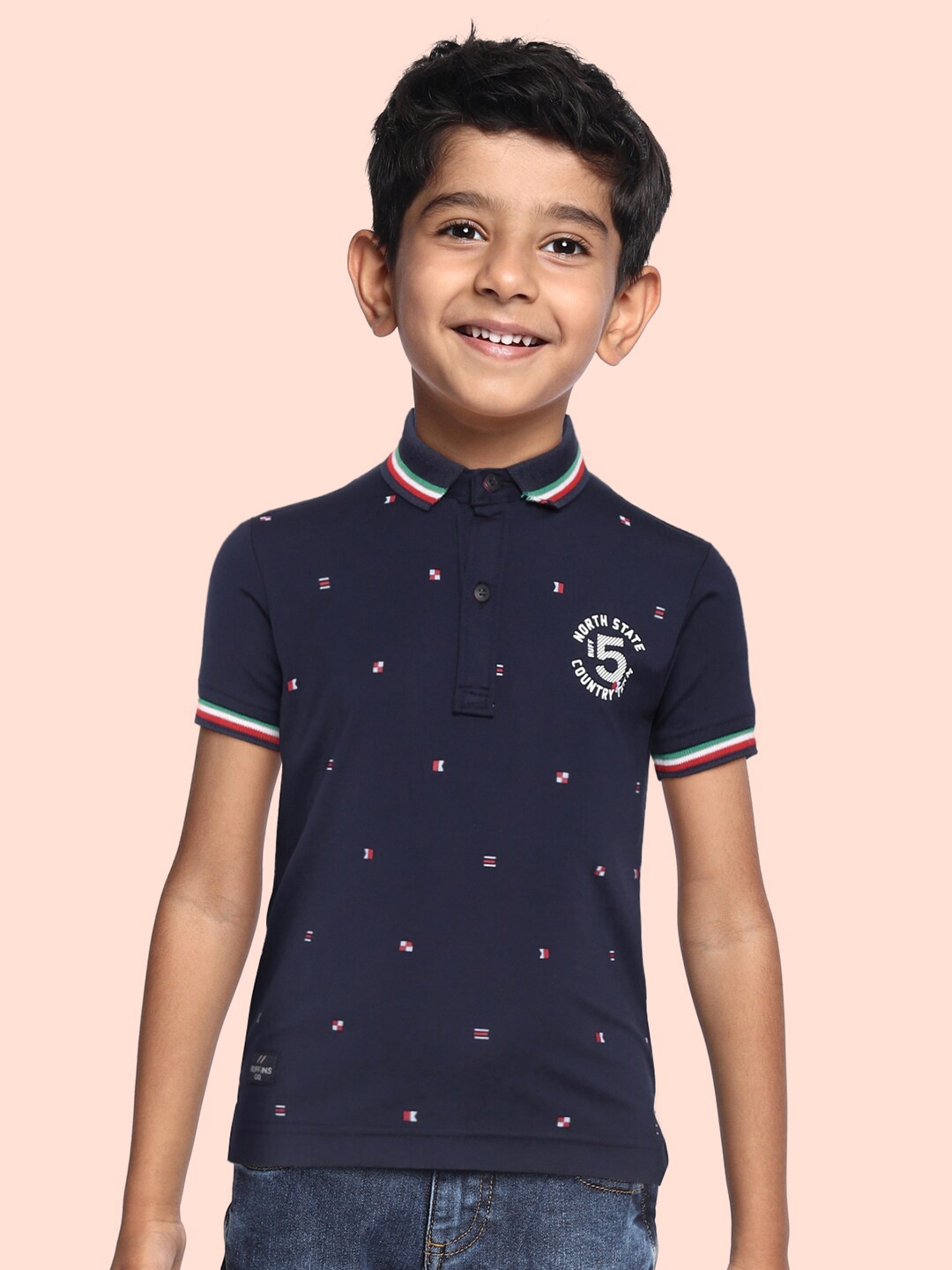 

RUFF Boys Navy Blue Typography Printed Polo Collar Slim Fit T-shirt