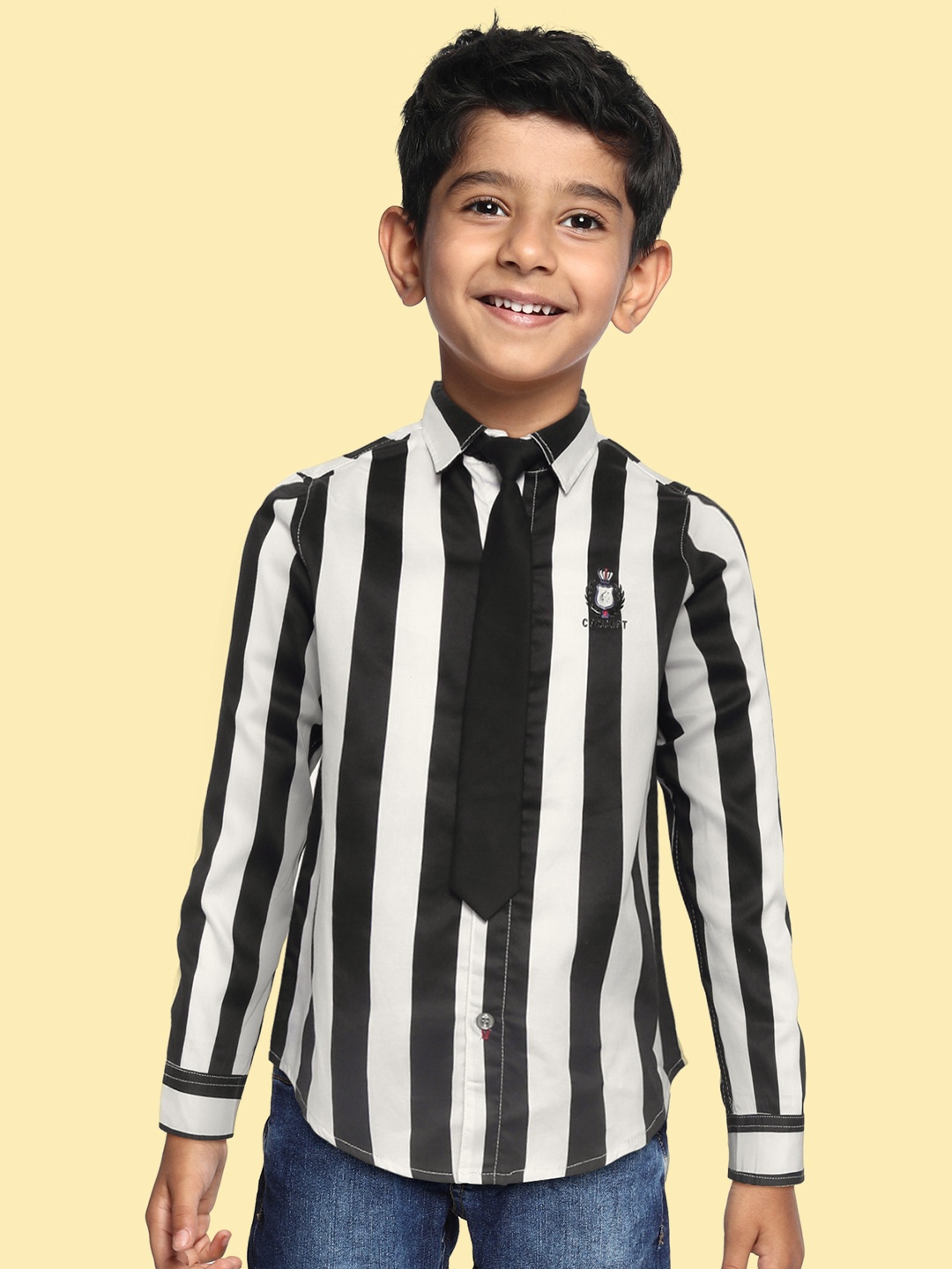 

RUFF Boys Black Slim Fit Opaque Striped Casual Shirt