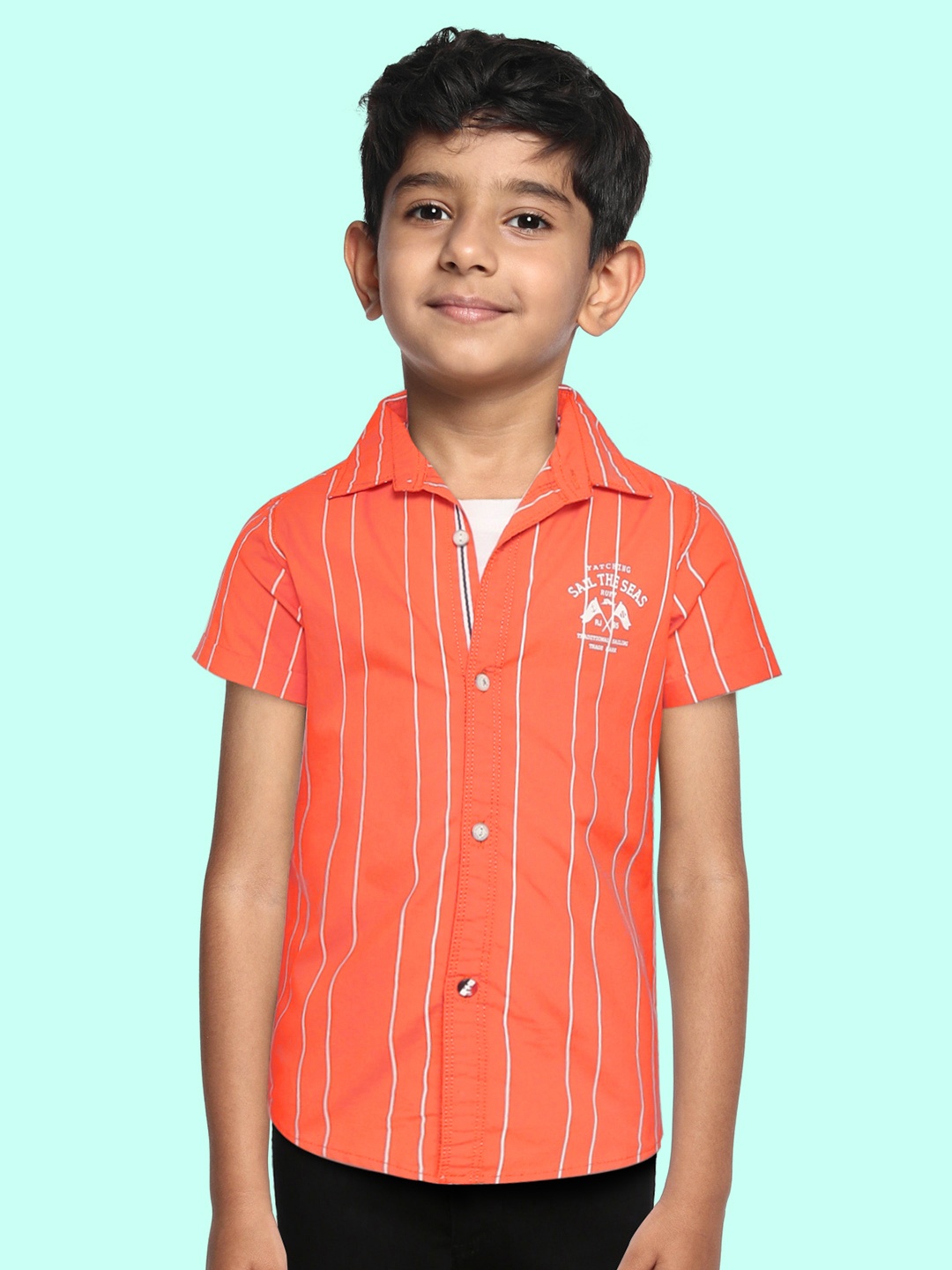 

RUFF Boys Orange Slim Fit Opaque Striped Casual Shirt