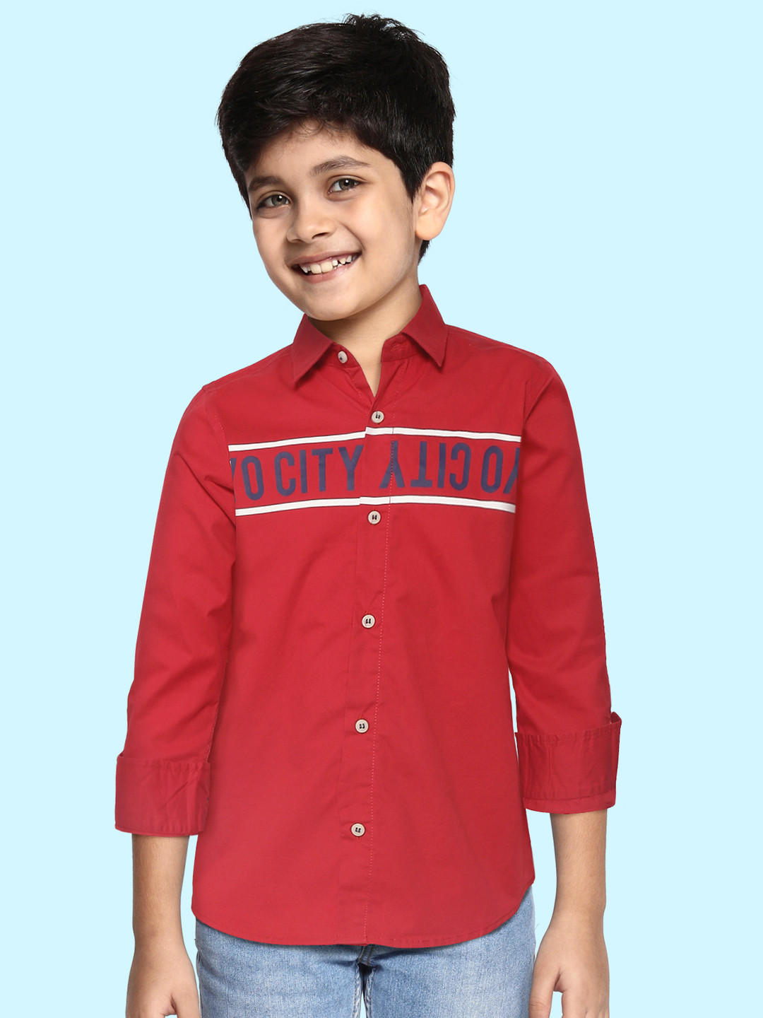 

RUFF Boys Red Slim Fit Opaque Printed Casual Shirt