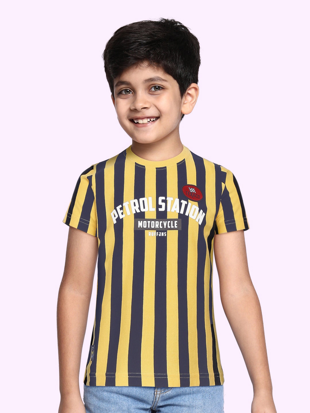 

RUFF Boys Gold-Toned & Black Striped Slim Fit T-shirt
