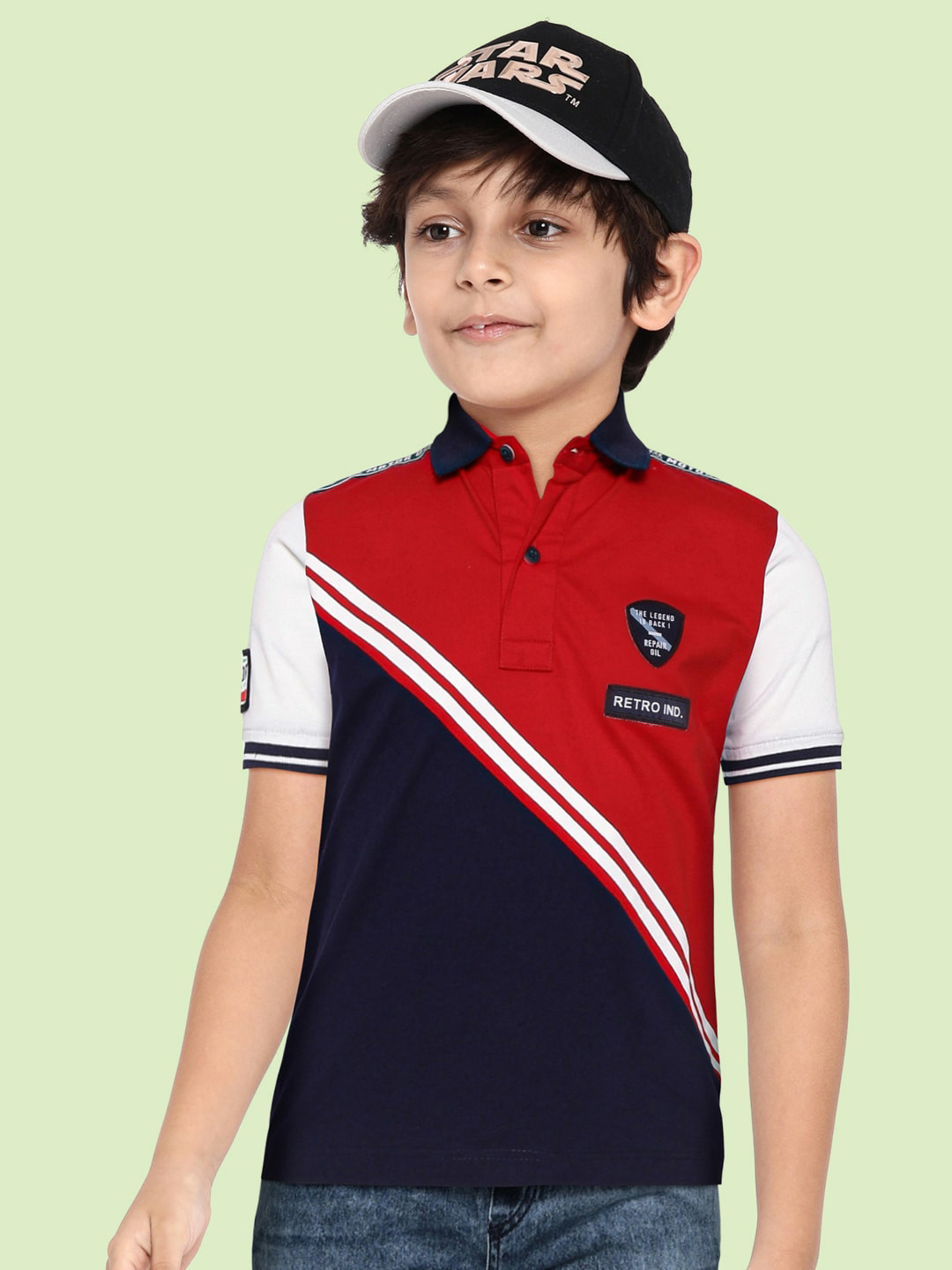 

RUFF Boys Red & Navy Blue Colourblocked Polo Collar Slim Fit T-shirt
