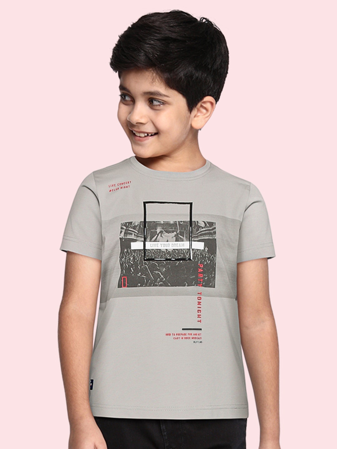 

RUFF Boys Grey Printed Slim Fit T-shirt