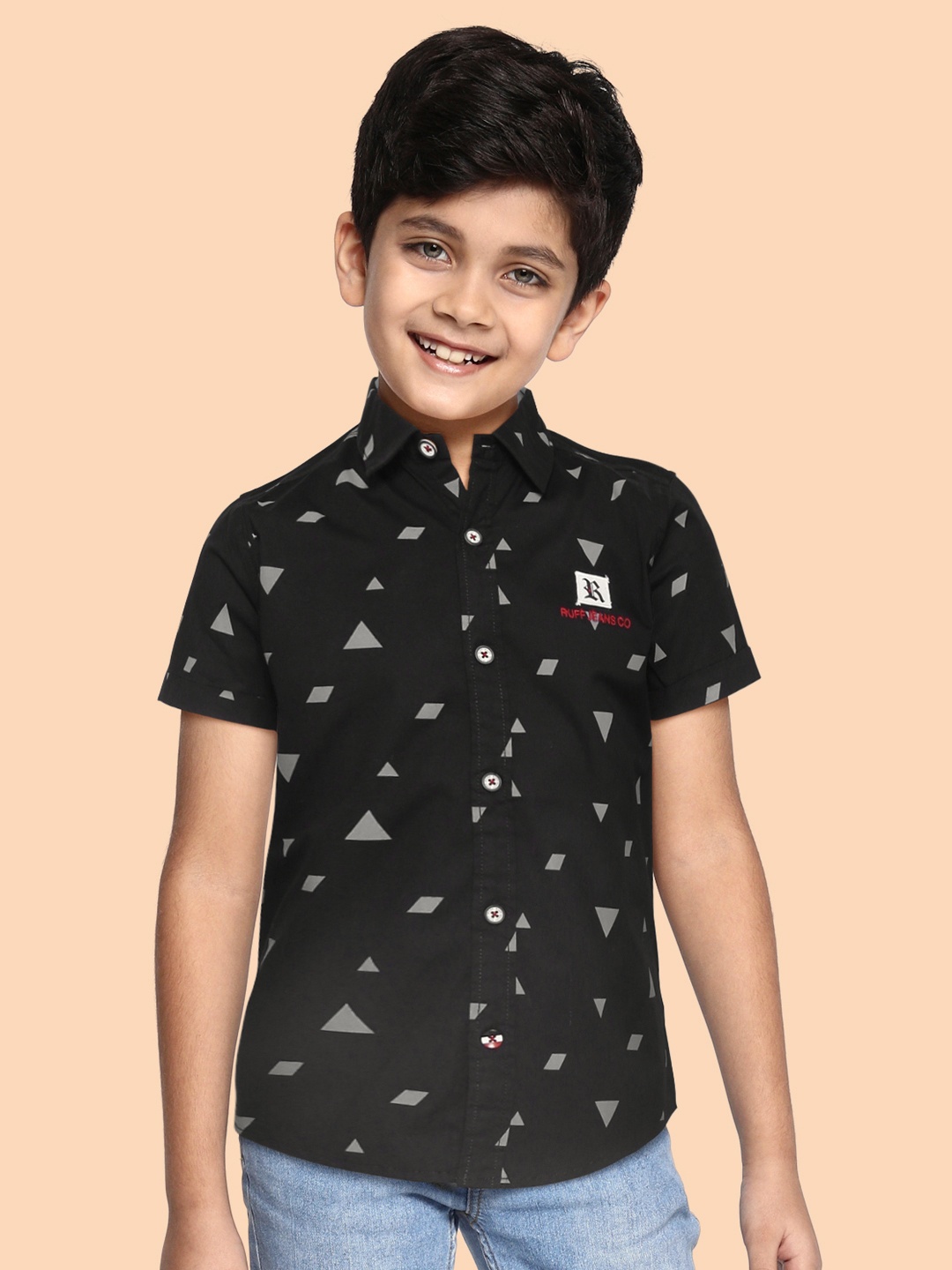 

RUFF Boys Black Slim Fit Opaque Printed Casual Shirt