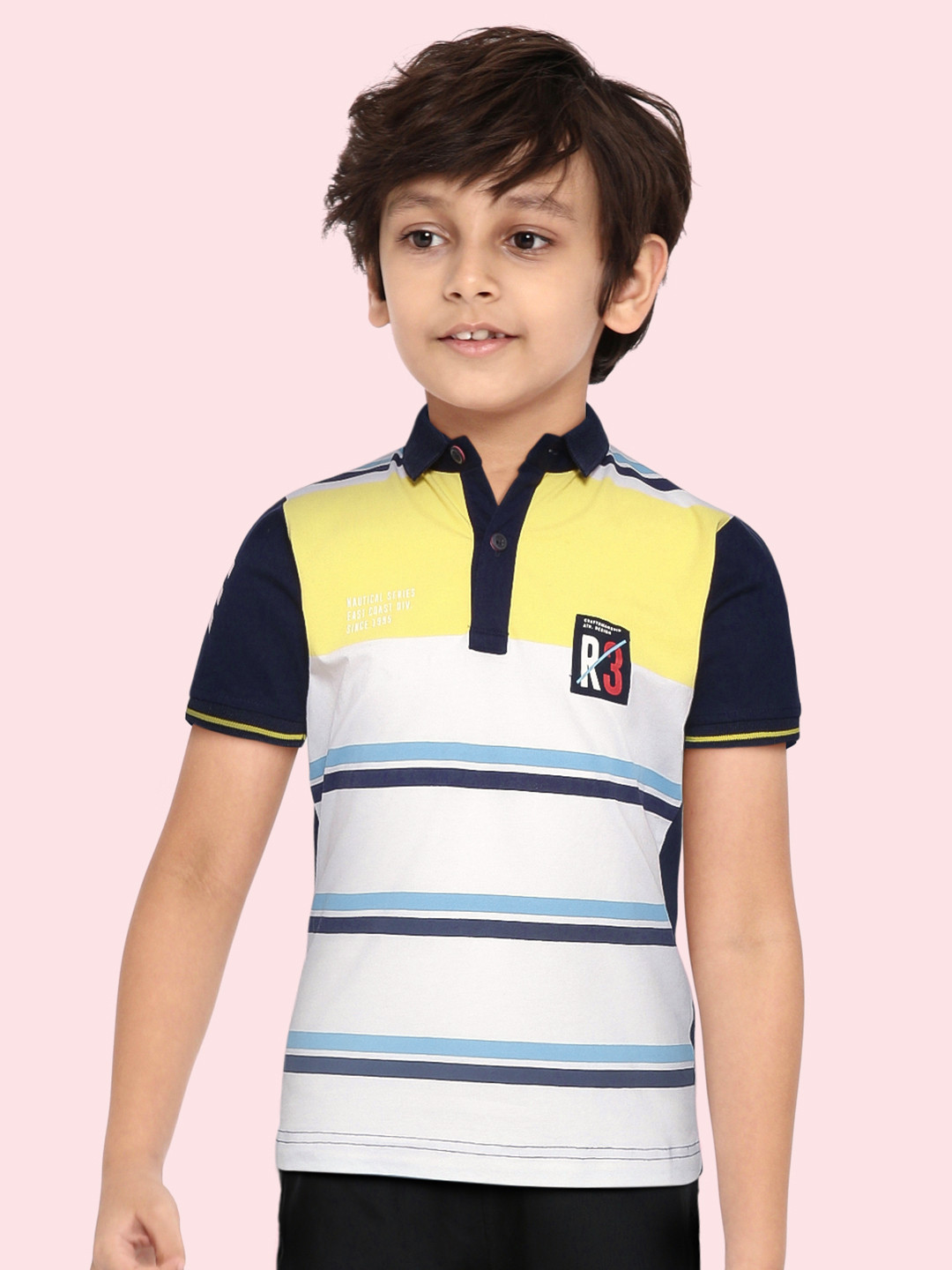 

RUFF Boys Yellow & White Striped Polo Collar Slim Fit T-shirt