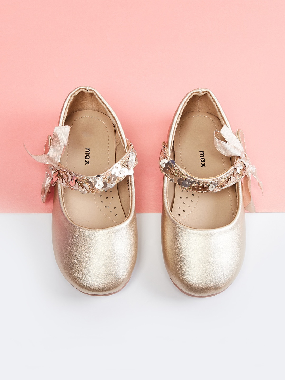 

max Girls Gold-Toned Embellished Ballerinas with Bows Flats
