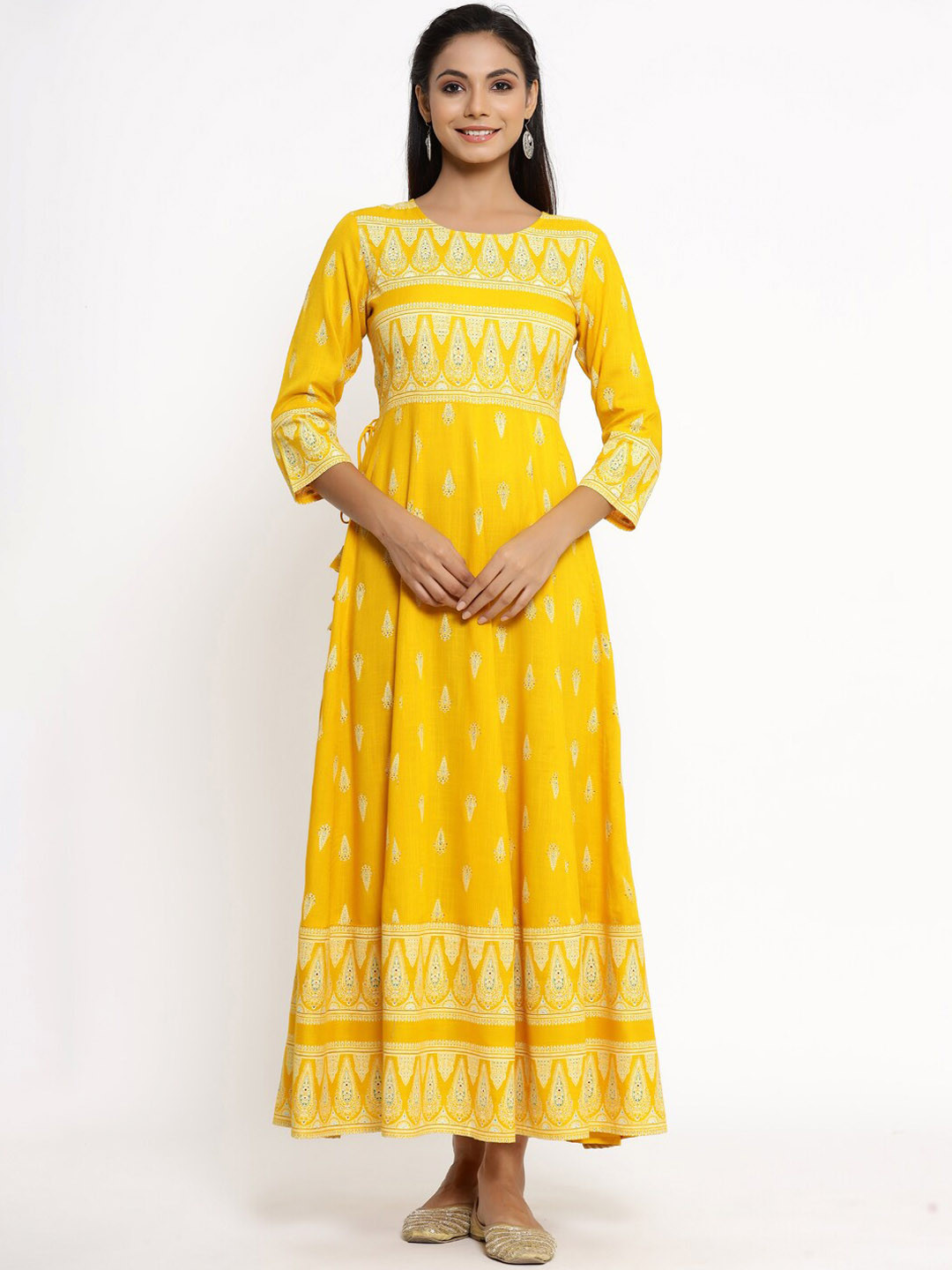 

kipek Yellow & White Ethnic Motifs Ethnic Maxi Dress