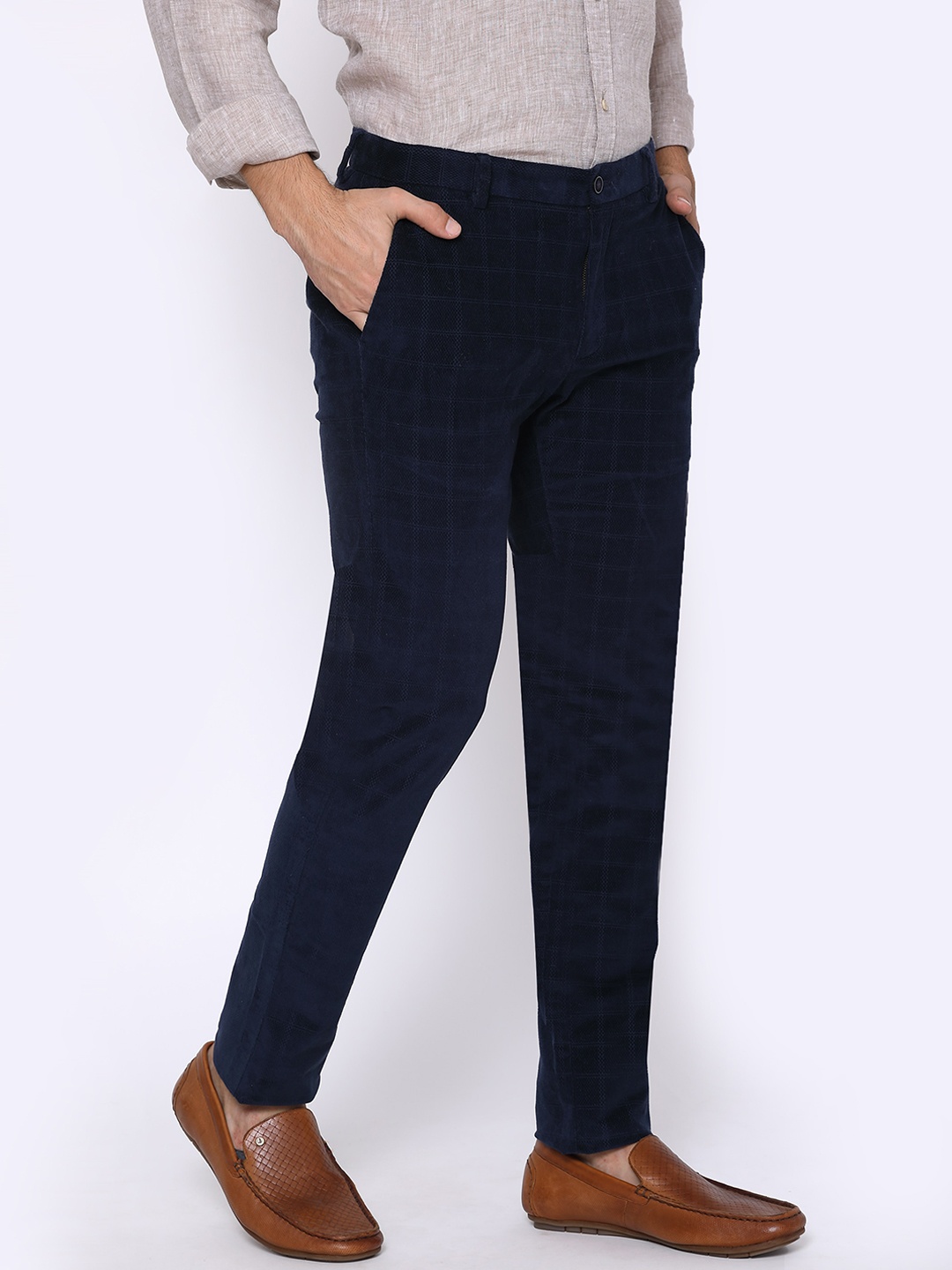 

Blackberrys Men Navy Blue Checked B-95 Slim Fit Trousers