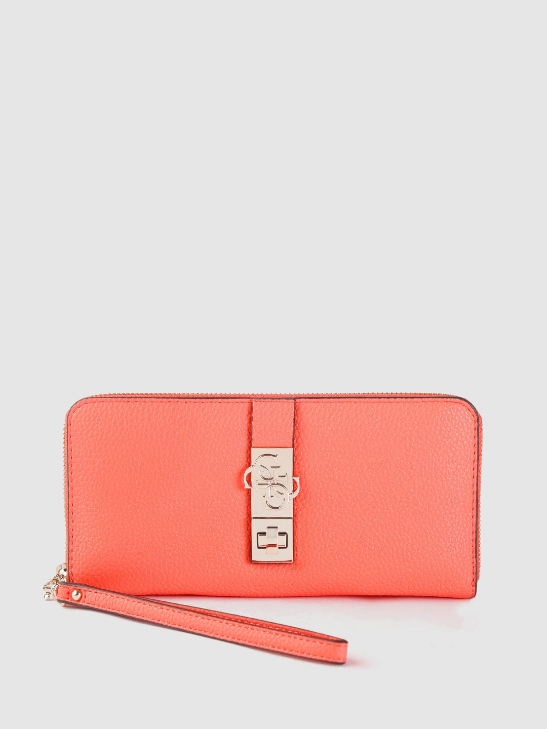 

GUESS Women Coral Orange Solid Zip Around Wallet with Wrist Loop