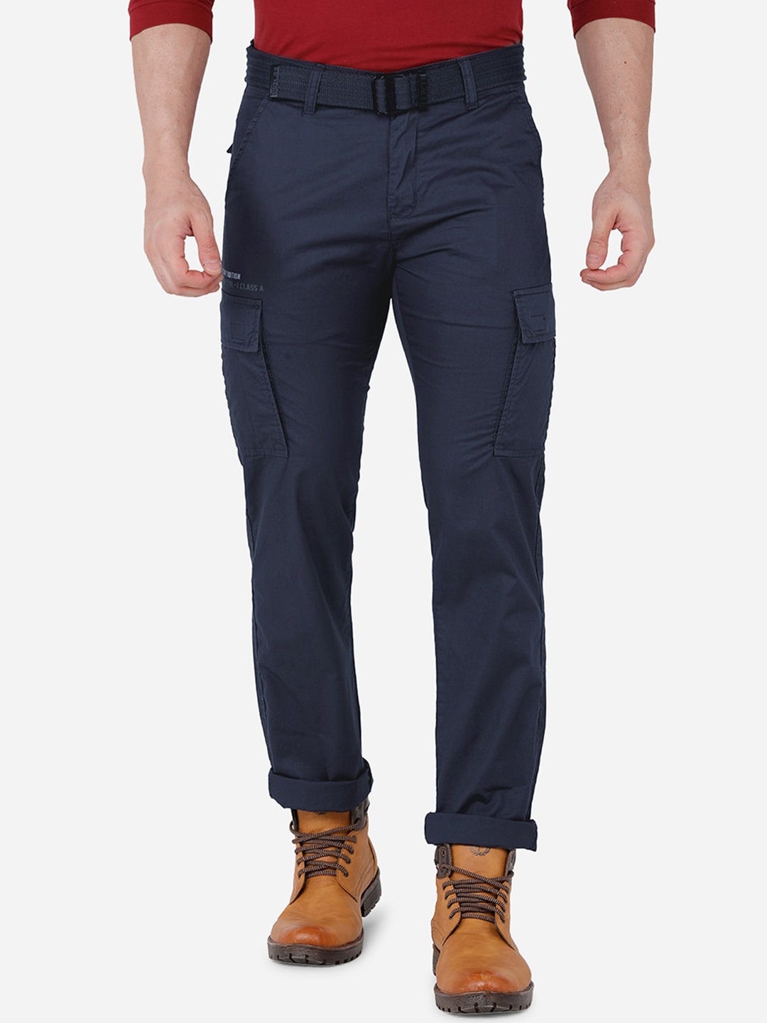 

beevee Men Navy Blue Pure Cotton Cargos Trousers