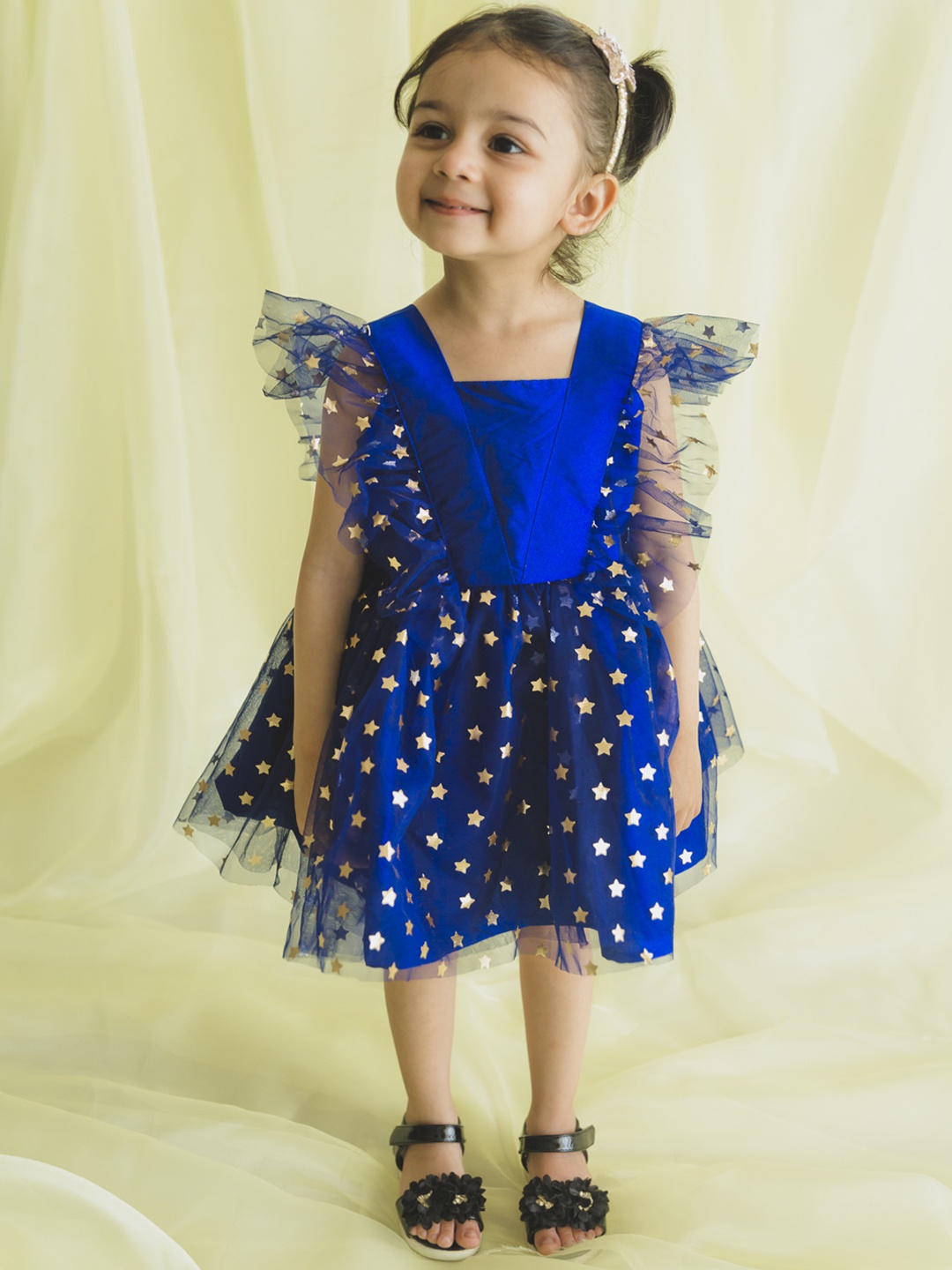 

SAKA DESIGNS Girls Blue & Gold-Toned Layered Net Dress