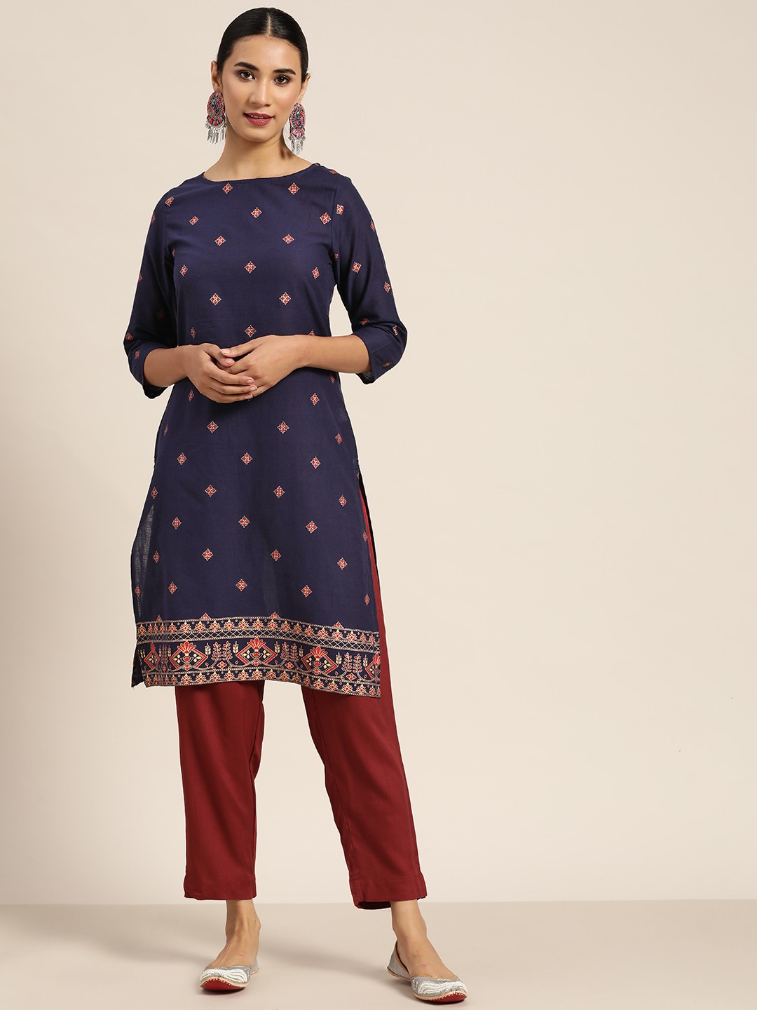 

Sangria Women Navy Blue & Red Cotton Ethnic Motifs Print Straight Kurta