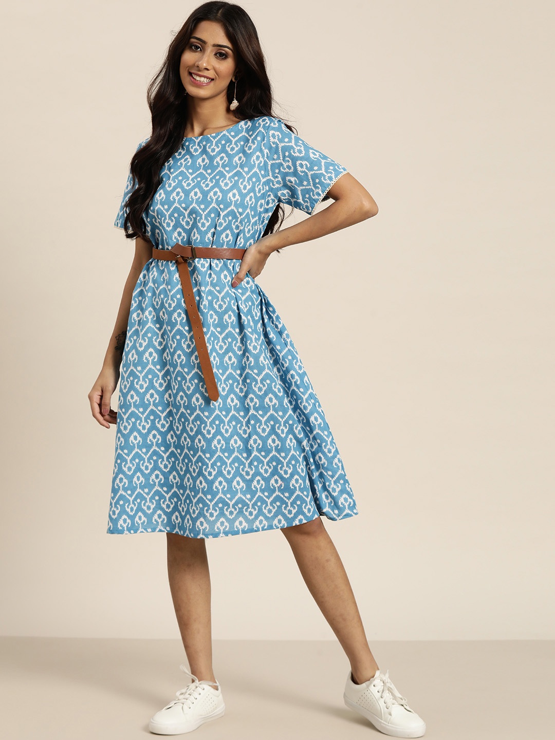 

Sangria Blue & White Pure Cotton Ethnic Motifs A-Line Midi Dress