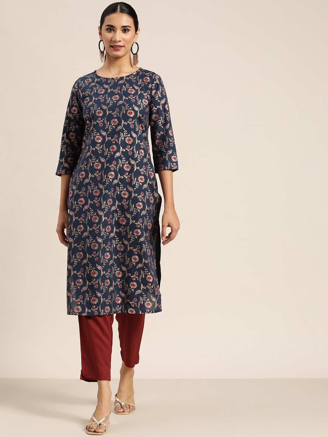 

Sangria Women Navy Blue & Golden Cotton Ethnic Motifs Printed Straight Kurta