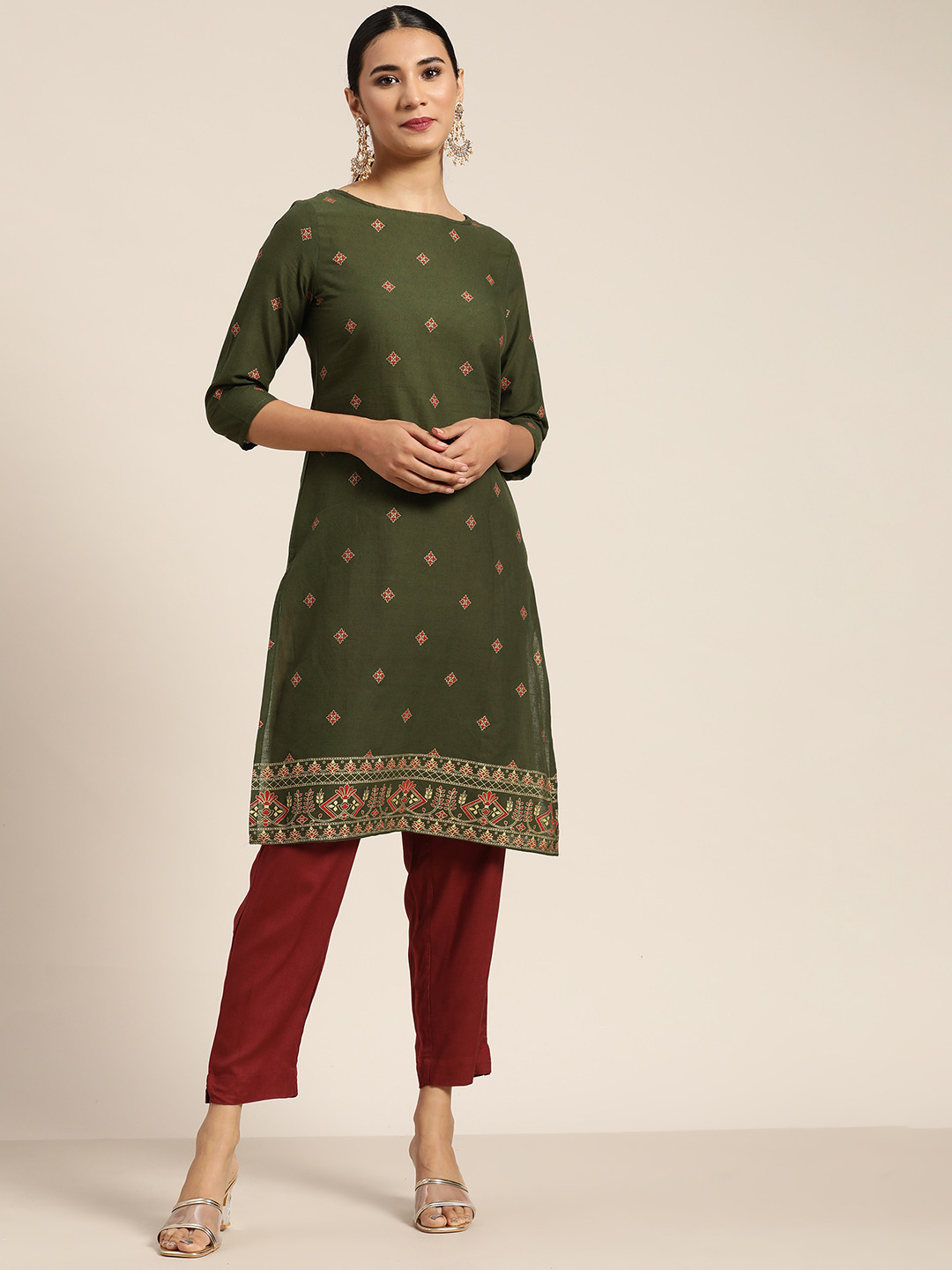 

Sangria Women Olive Green & Red Cotton Ethnic Motifs Print Straight Kurta