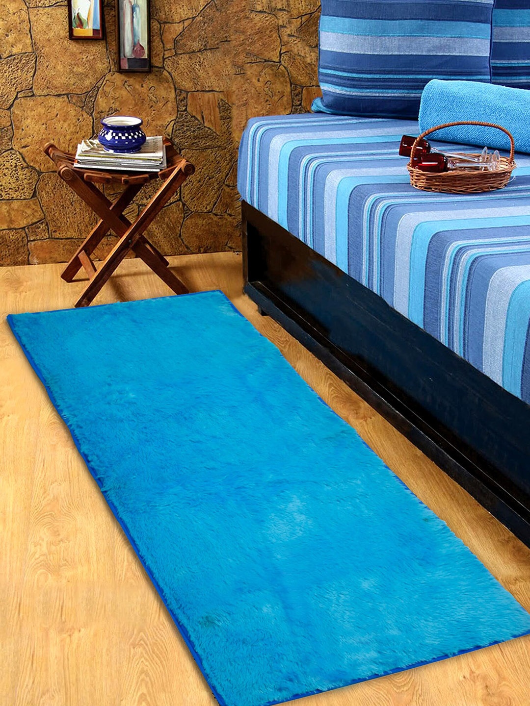 

Kuber Industries Blue Solid Fluffy Shaggy Bed Runner