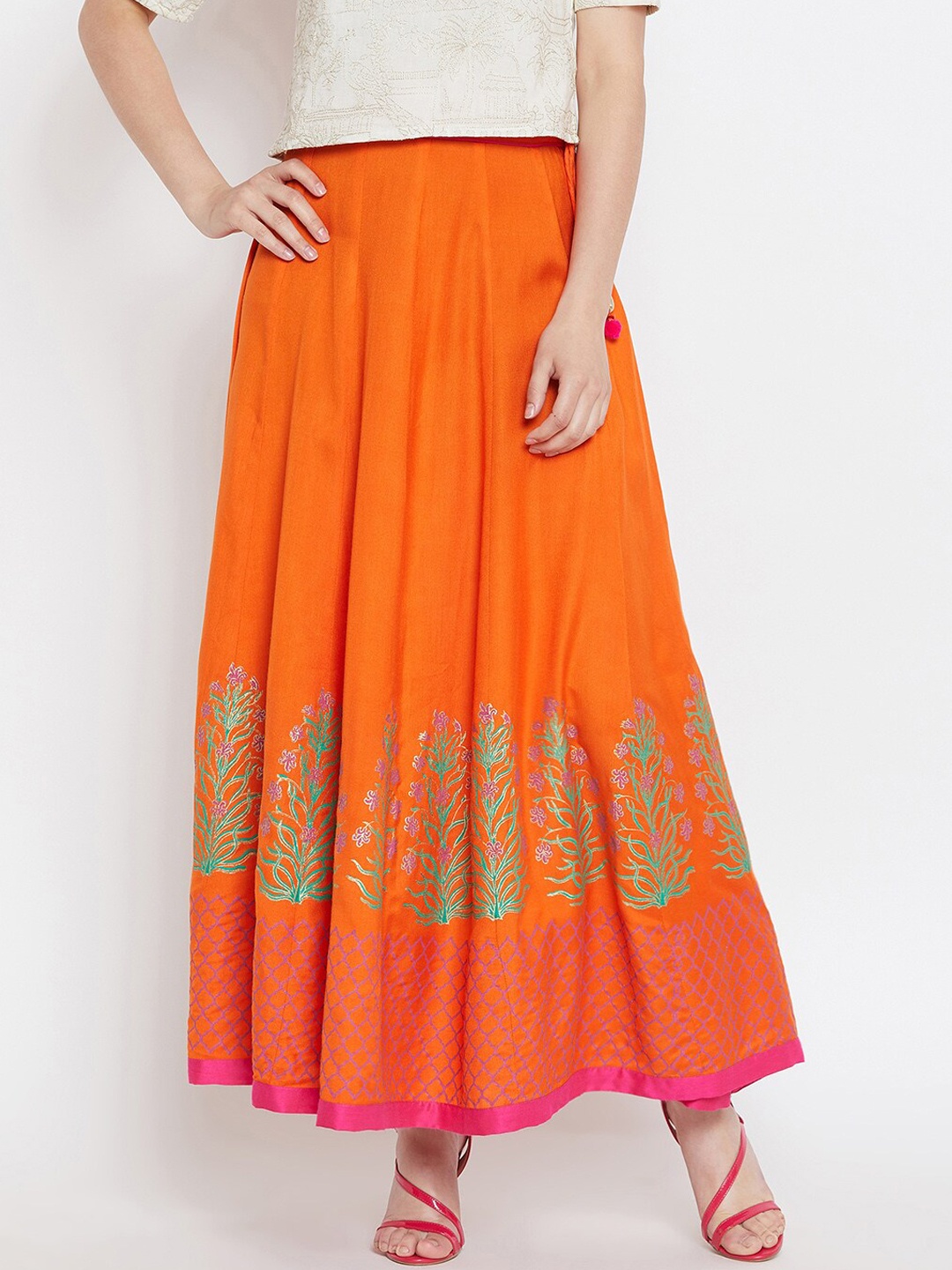 

Bitterlime Women Orange & Gold-Coloured Printed Flared Maxi Skirt