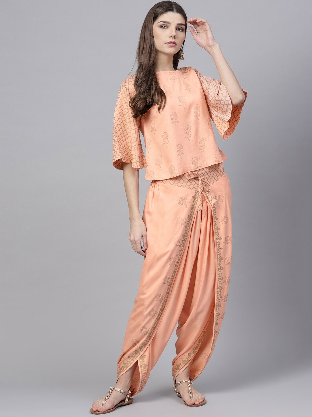 

Bitterlime Peach-Coloured & Grey Printed Block Print Top with Dhoti Pants