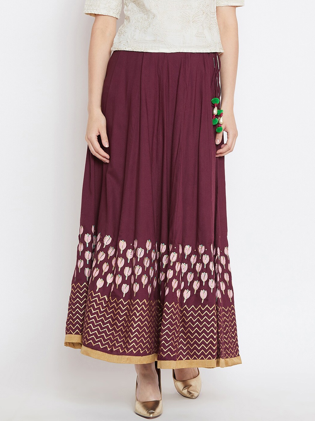 

Bitterlime Women Burgundy Printed Maxi-Length Flared Skirt