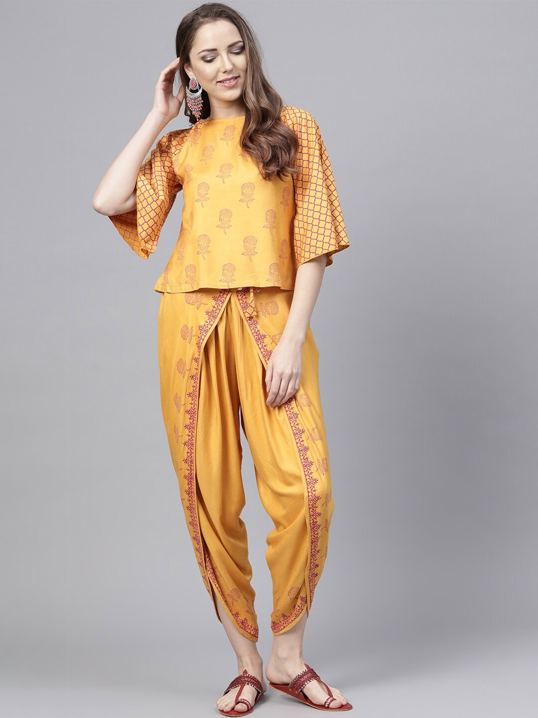 

Bitterlime Mustard & Magenta Block Print Top with Dhoti Pants