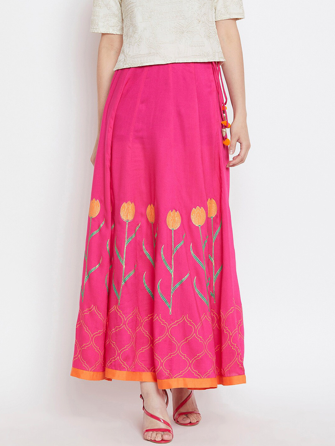 

Bitterlime Women Pink Tulip Block Printed Flared Maxi Skirt