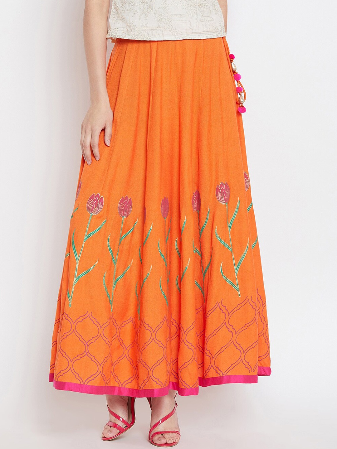 

Bitterlime Women Orange & Pink Printed Flared Maxi Skirt