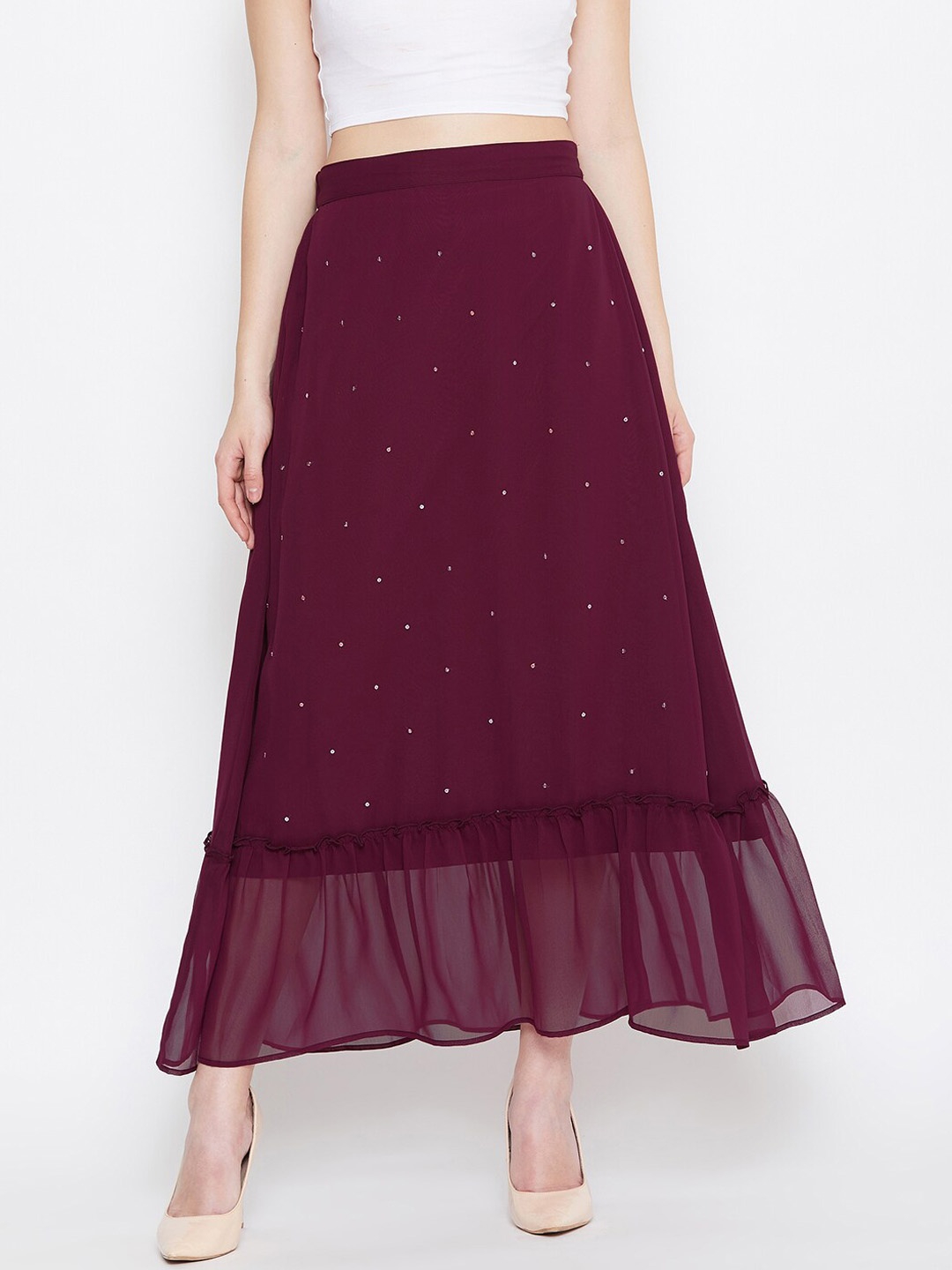 

Bitterlime Women Burgundy Embellished Flared Maxi Skirt