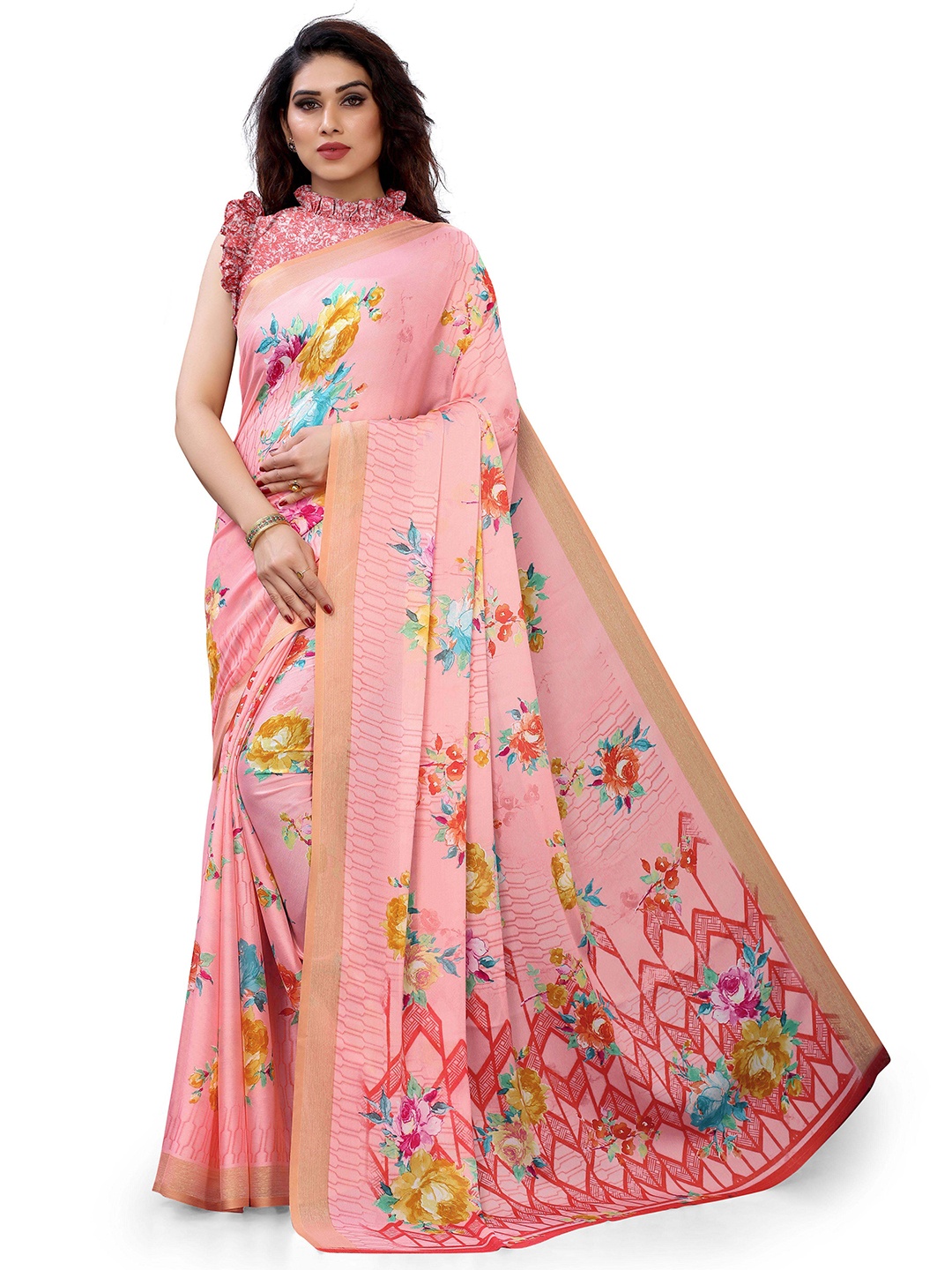 

Mirchi Fashion Pink & Multicoloured Floral Printed Zari Bagh Saree