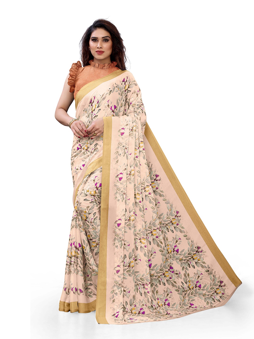 

Mirchi Fashion Peach-Coloured & Green Floral Printed Zari Bagh Saree